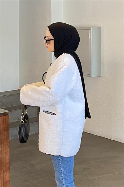 Teddy Düğmeli Çoban Mont Beyaz