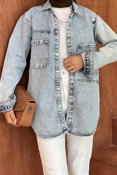 Çift Cep Detaylı Kot Gömlek Buz Mavisi