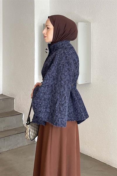 Hakim Yaka Kemer Detaylı Kaşe Panço Lacivert