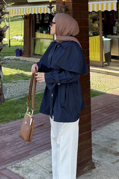 Bağlama Detaylı Pelerinli Trençkot Lacivert