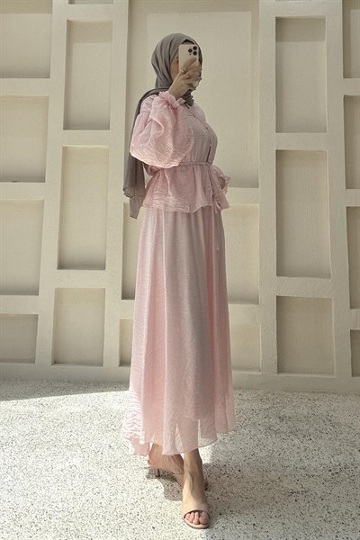 Büzgülü Düğme Detaylı Takım Pembe