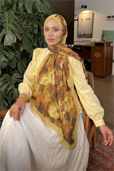 Vintage Flower Desen Bambu Şal Yağ Yeşili