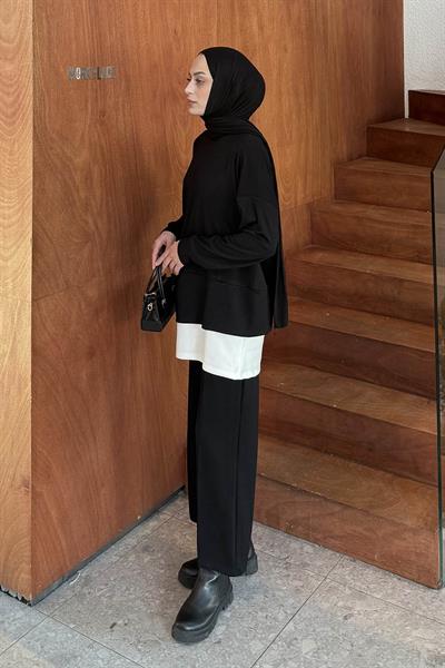 Fermuarlı Garnili Takım Siyah