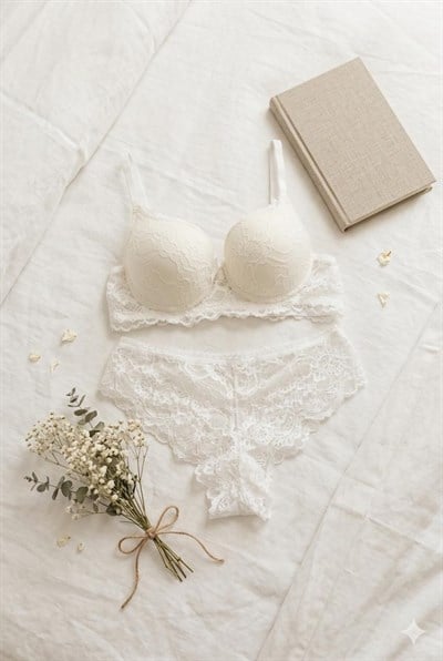 Dantelli Destekli Sütyen Takım Ekru