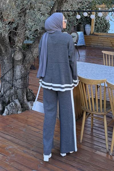 Çizgili Pantolon Triko Tesettür Takım Antrasit