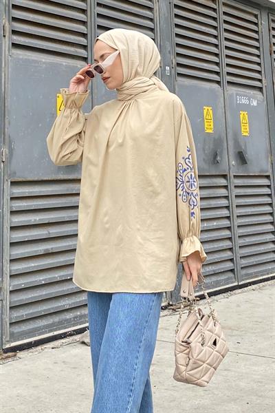 Kol Nakışlı Tunik Bej