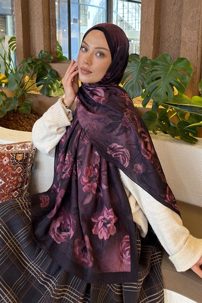 Çiçek Desen Bambu Şal Mürdüm