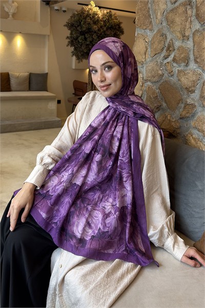 Vintage Flower Desen Bambu Şal Mor
