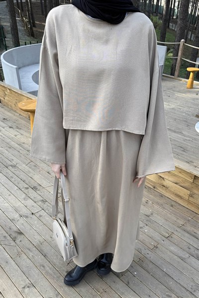 Etekli Tesettür Takım Bej