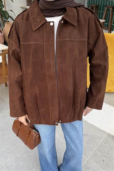 Omuz Apoletli Süet Mont Acı Kahverengi