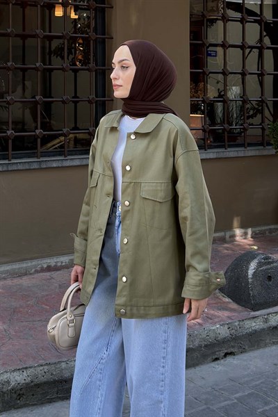 Gabardin Kapak Cepli Ceket Haki