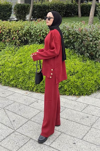 Düğme Detaylı Triko Takım Bordo