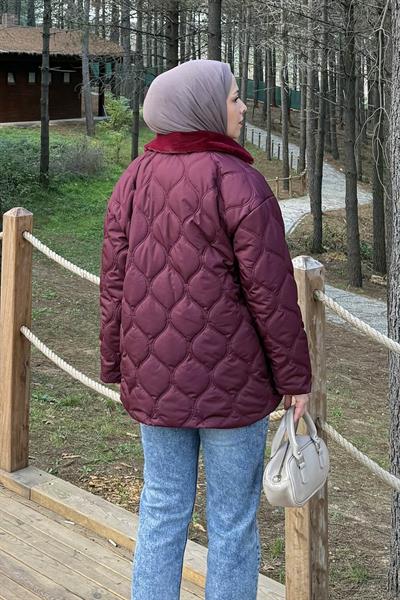 Kürk Yaka Şişme Mont Bordo