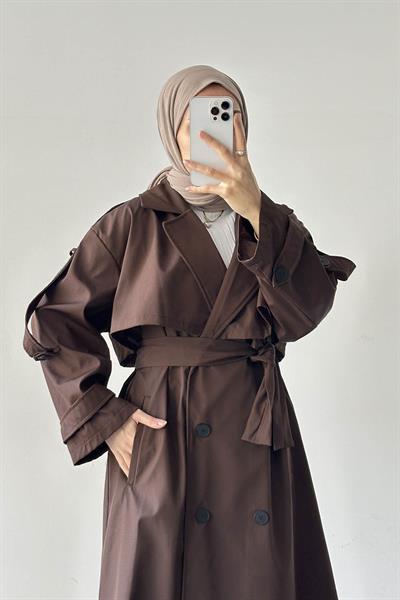 Uzun Apoletli Oversize Trenç Kahverengi