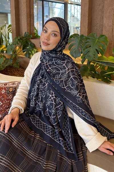 Geometrik Desen Bambu Şal Lacivert