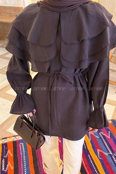 Volan Detaylı Kol Büzgülü Gömlek Acı Kahverengi