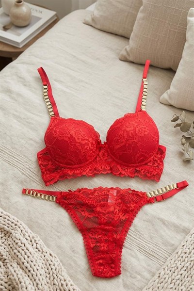 Dantelli Destekli Sütyen Zincirli Takım Kırmızı
