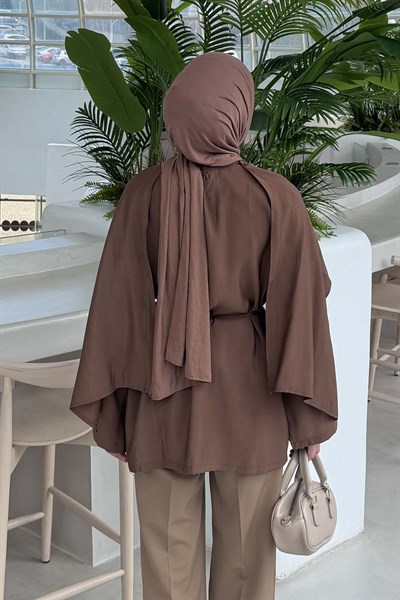 Şallı Bağlama Detaylı Tunik Soft Kahve