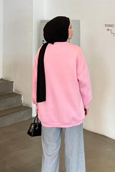 Jasmin Bisiklet Yaka Oversize Sweat Şeker Pembesi