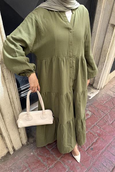 Ön Yarım Düğme Detaylı Müslin Kumaş Tesettür Elbise Haki