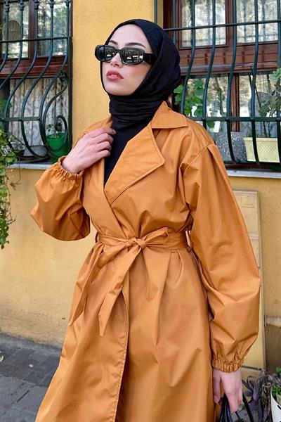 Balon Kol Kuşaklı Trençkot Hardal Sarısı