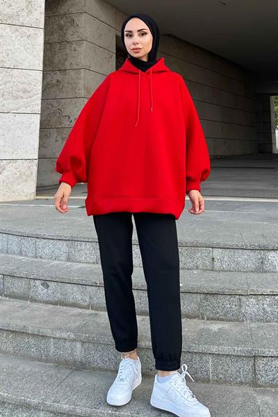 Üç İplik Balon Kol Sweatshirt Kırmızı
