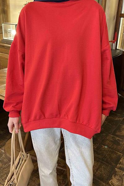 Balon Kol Yaka Ve Etek Ucu Manşetli Bol Sweat Kırmızı