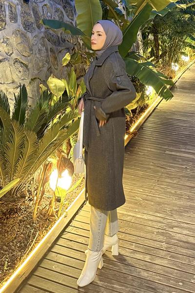 Omuz Filetolu Kol Apoletli Kaşe Kaban Antrasit