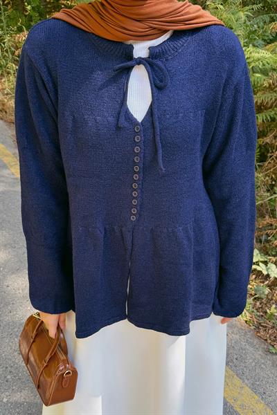 Yaka Bağlama Detaylı Kazak Lacivert