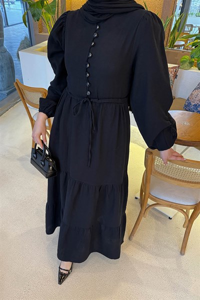 Bel Büzgülü Tesettür Elbise Siyah