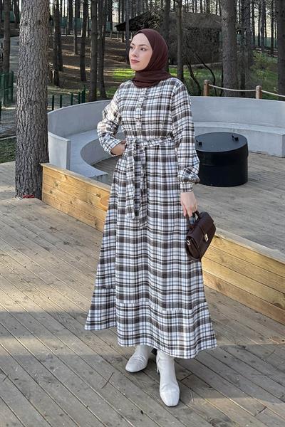 Ekose Desen Elbise Taş