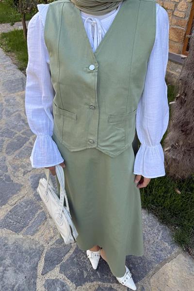Gabardin Yelek-Etek İkili Tesettür Takım Çağla Yeşili