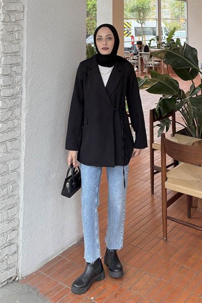 Yan Bağlama Detaylı Ceket Siyah