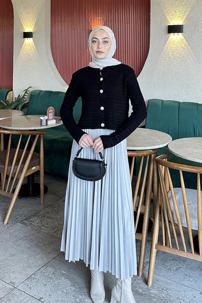 Links Desenli Crop Hırka Siyah