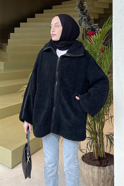 Biye Detaylı Tedy Peluş Mont Siyah