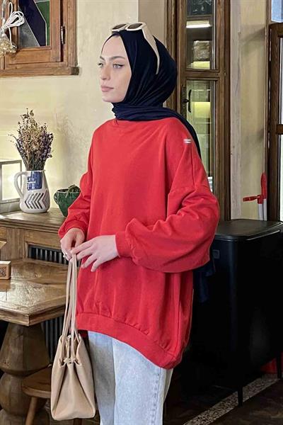 Balon Kol Yaka Ve Etek Ucu Manşetli Bol Sweat Kırmızı