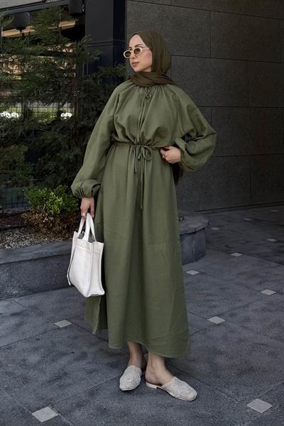Balon Kol Bağlamalı Tesettür Elbise Haki