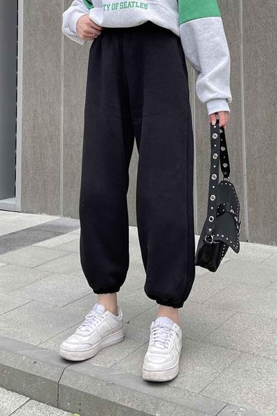 Paça Lastikli Üç İplik Alt Eşofman Siyah