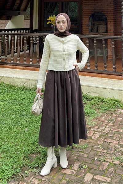 Links Desenli Crop Hırka Natural