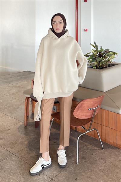 Kapüşonlu Salaş Sweatshirt Bej