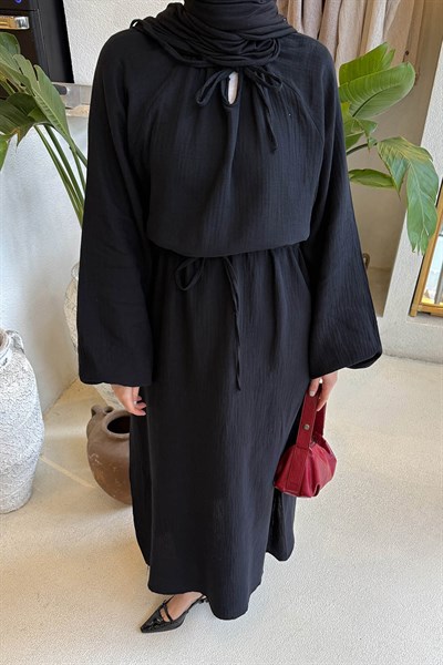 Balon Kol Bağlamalı Tesettür Elbise Siyah