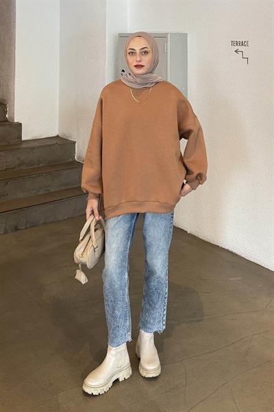Jasmin Bisiklet Yaka Oversize Sweat Camel