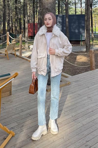 Kürk Yaka Cepli Mont Bej