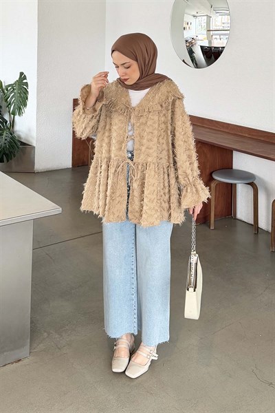 Püskül Detaylı Bağlamalı Tunik vizonrengi