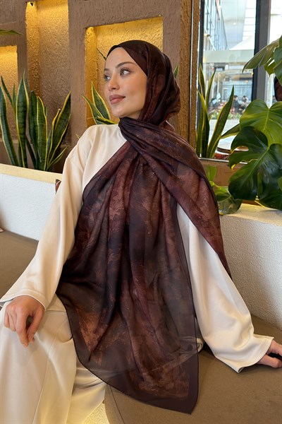 Gül Çiçek Desen Ferah Şal Koyu Kahve