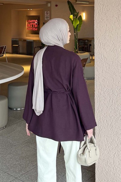 Örgü Bağlamalı Kimono Ceket Mürdüm