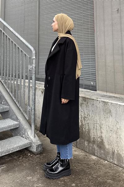 Tek Düğmeli Kaşe Kaban Siyah