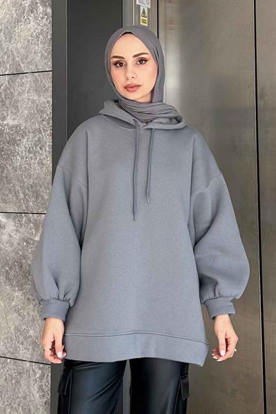 Üç İplik Balon Kol Sweatshirt Füme