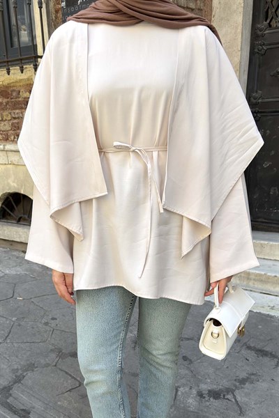 Pelerin Detaylı Oversize Tunik Bej