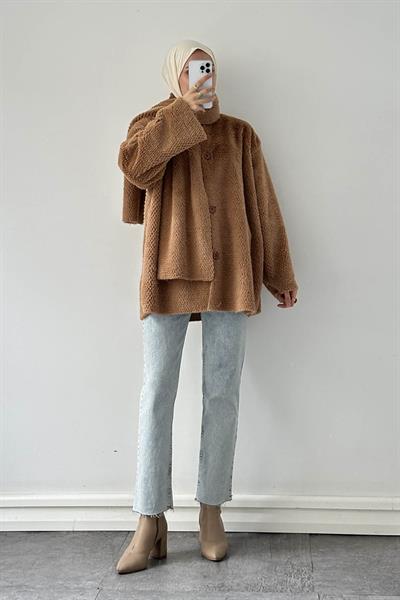 Peluş Atkılı Mont Sütlü Kahve